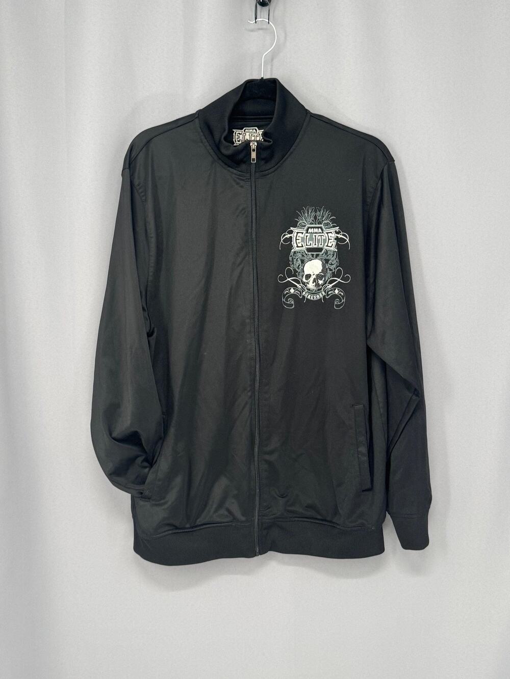 MMA Elite Mens Medium Black Track Jacket Full Zip Grim Reaper Skull Graphic Y2K